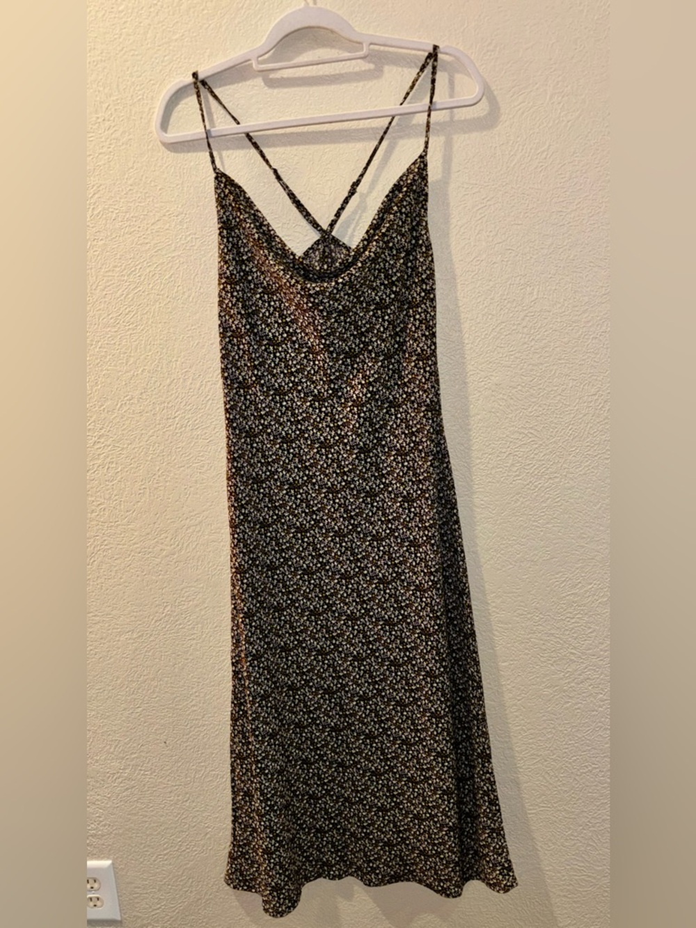 Black and yellow Ditsy Floral Cowl Neck Slip Dress Crisscross Back Midi Size M
